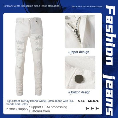Algodão Denim Stretch Skinny Impressão Sustentável Calças de Creme Direitos para Homens