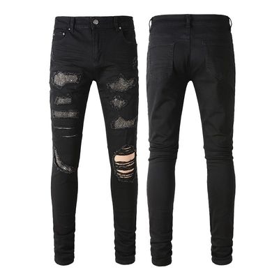 Faixa de cintura de duas camadas Design dobrado preto de strass empilhado jeans de denim magros para homens