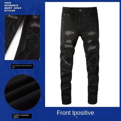 Faixa de cintura de duas camadas Design dobrado preto de strass empilhado jeans de denim magros para homens
