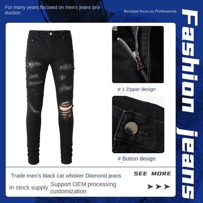 Faixa de cintura de duas camadas Design dobrado preto de strass empilhado jeans de denim magros para homens