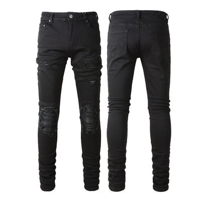 Tecido Preto Casual Respirável Rasgado Estiramento Elástico Designer Patch Homens Calças De Jeans