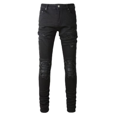 Tecido Preto Casual Respirável Rasgado Estiramento Elástico Designer Patch Homens Calças De Jeans