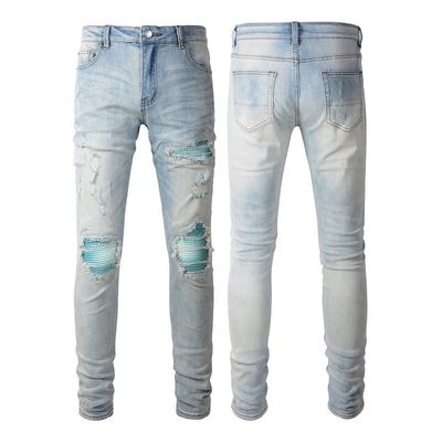 PUNK STYLE Homem rasgado magro cintura média blue denim vintage lavado stretch