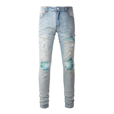 PUNK STYLE Homem rasgado magro cintura média blue denim vintage lavado stretch