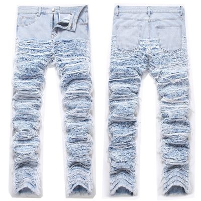 Meia cintura Destruída Denim lavado Calças jeans de pernas retas Calças masculinas Calças