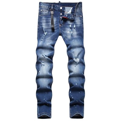 Roupas de moda masculina Slim Fit Mid Waist Baggy Jeans com adesivos pendurados de impressão digital