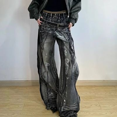 Poliéster / algodão lavado Y2K Oversize Wave Design Tie Dye Cargo Pants para homens e mulheres