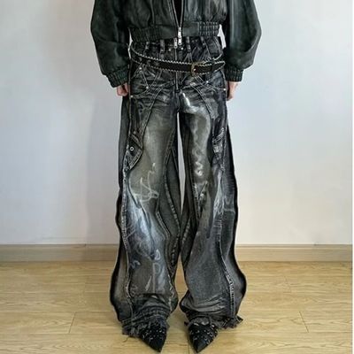 Poliéster / algodão lavado Y2K Oversize Wave Design Tie Dye Cargo Pants para homens e mulheres