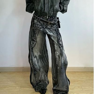 Poliéster / algodão lavado Y2K Oversize Wave Design Tie Dye Cargo Pants para homens e mulheres