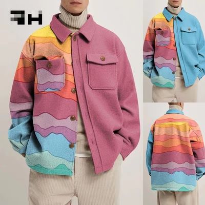 Casaco casual de manga longa para homens com padrão geométrico colorido e método de tecelagem tecida