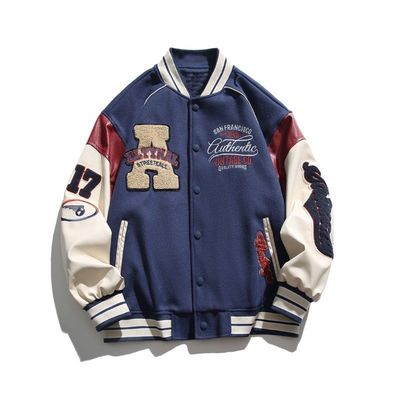 Vintage Cravado Cartas Criativas bordados Stand Collar Baseball Traje para casacos masculinos
