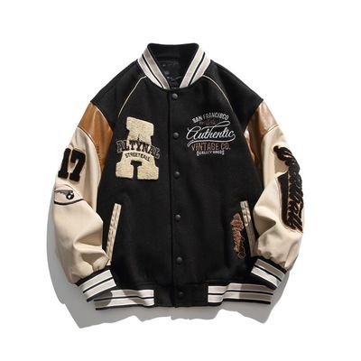 Vintage Cravado Cartas Criativas bordados Stand Collar Baseball Traje para casacos masculinos