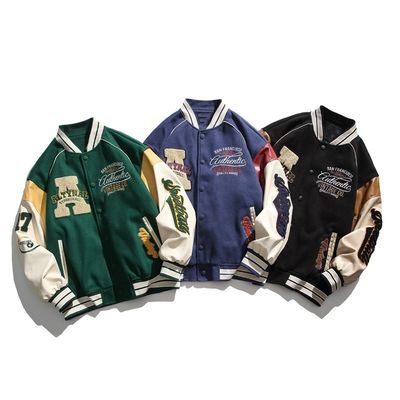 Vintage Cravado Cartas Criativas bordados Stand Collar Baseball Traje para casacos masculinos