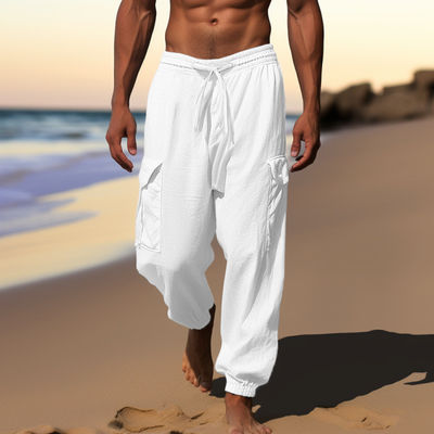 Pantalhões para homens com desenho impresso e material de algodão e linho