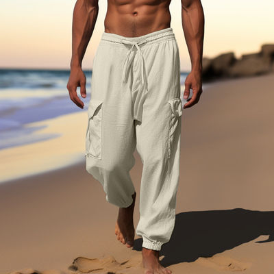 Pantalhões para homens com desenho impresso e material de algodão e linho