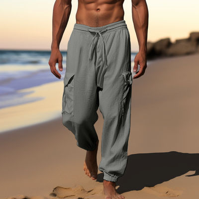 Pantalhões para homens com desenho impresso e material de algodão e linho