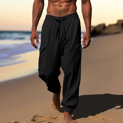 Pantalhões para homens com desenho impresso e material de algodão e linho